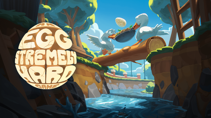 An Eggstremely Hard Game key art showing two cartoon geese carefully carrying a fragile egg through obstacle courses