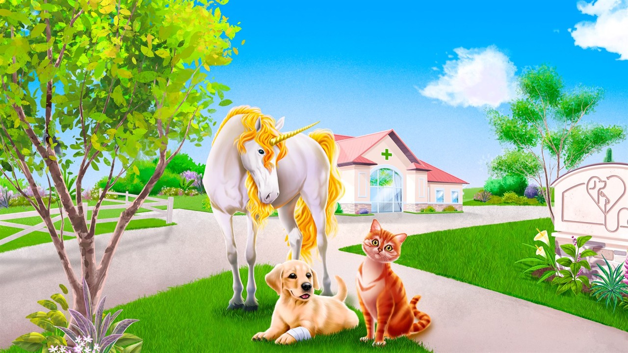 Animal Hospital key art showing a unicorn, a bandaged puppy, and a cat outside a vet clinic