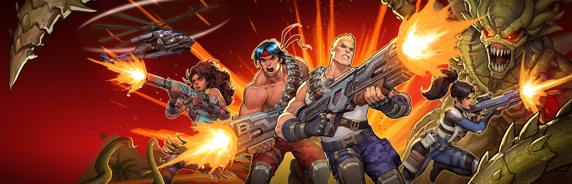 Contra: Operation Galuga key art showing soldiers firing on an alien army