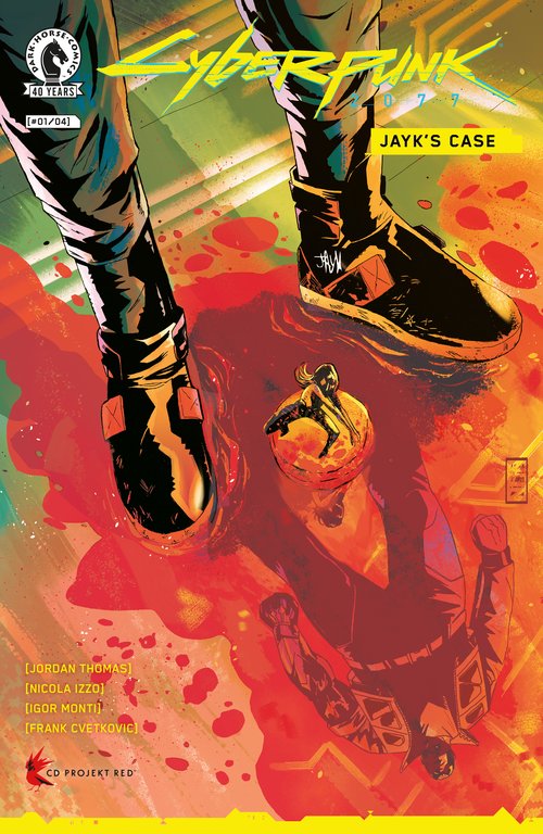 Cyberpunk 2077: Jayk's Case issue #1 main cover by Nicola Izzo, a detective standing over a body reflected in a pool of blood in Night City