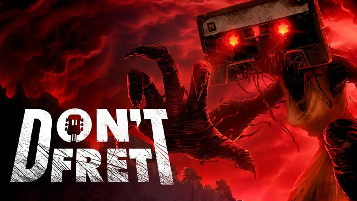 Don't Fret key art showing the sentient guitar character Fret in a monster-infested music school