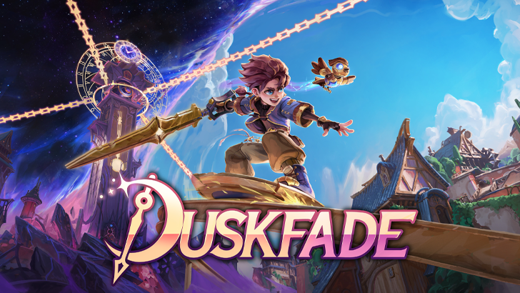 Duskfade key art showing the protagonist Zirian in a fantasy world with time-warping visuals