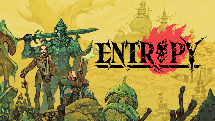 Entropy key art showing the game's retro 3D world under demonic siege