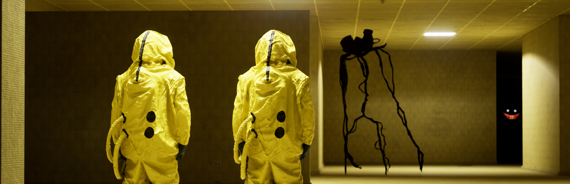 Two figures in yellow hazmat suits face a dark Backrooms hallway with a lurking entity in Backrooms: Escape Together