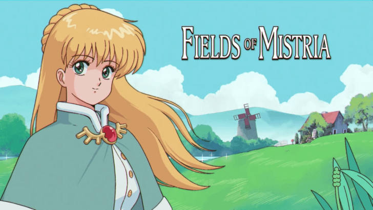 Fields of Mistria key art showing the colorful town of Mistria with farming and magical elements