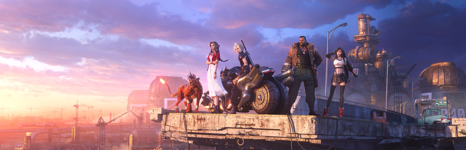 Final Fantasy VII Remake key art with Cloud, Tifa, Aerith, Barret, and Red XIII above Midgar