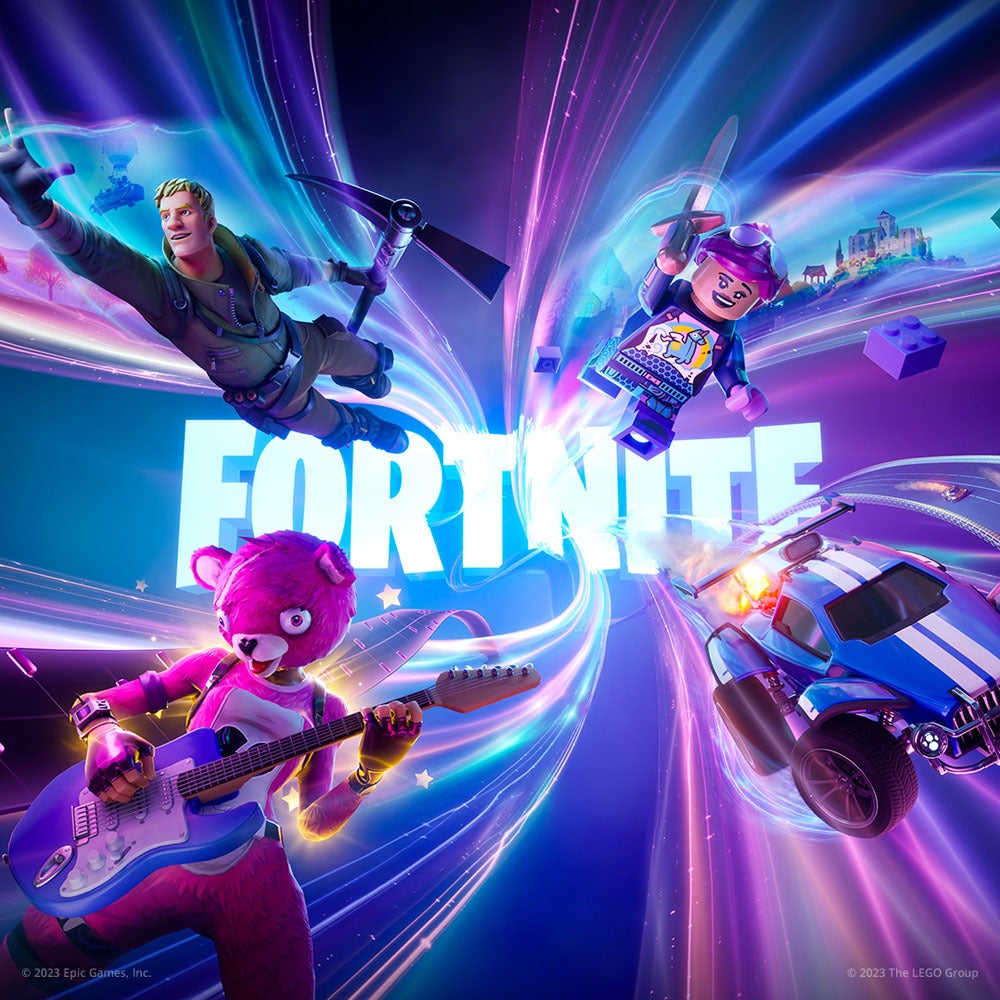 Fortnite official key art featuring Jonesy, Cuddle Team Leader, a LEGO character, and a racing car around the Fortnite logo