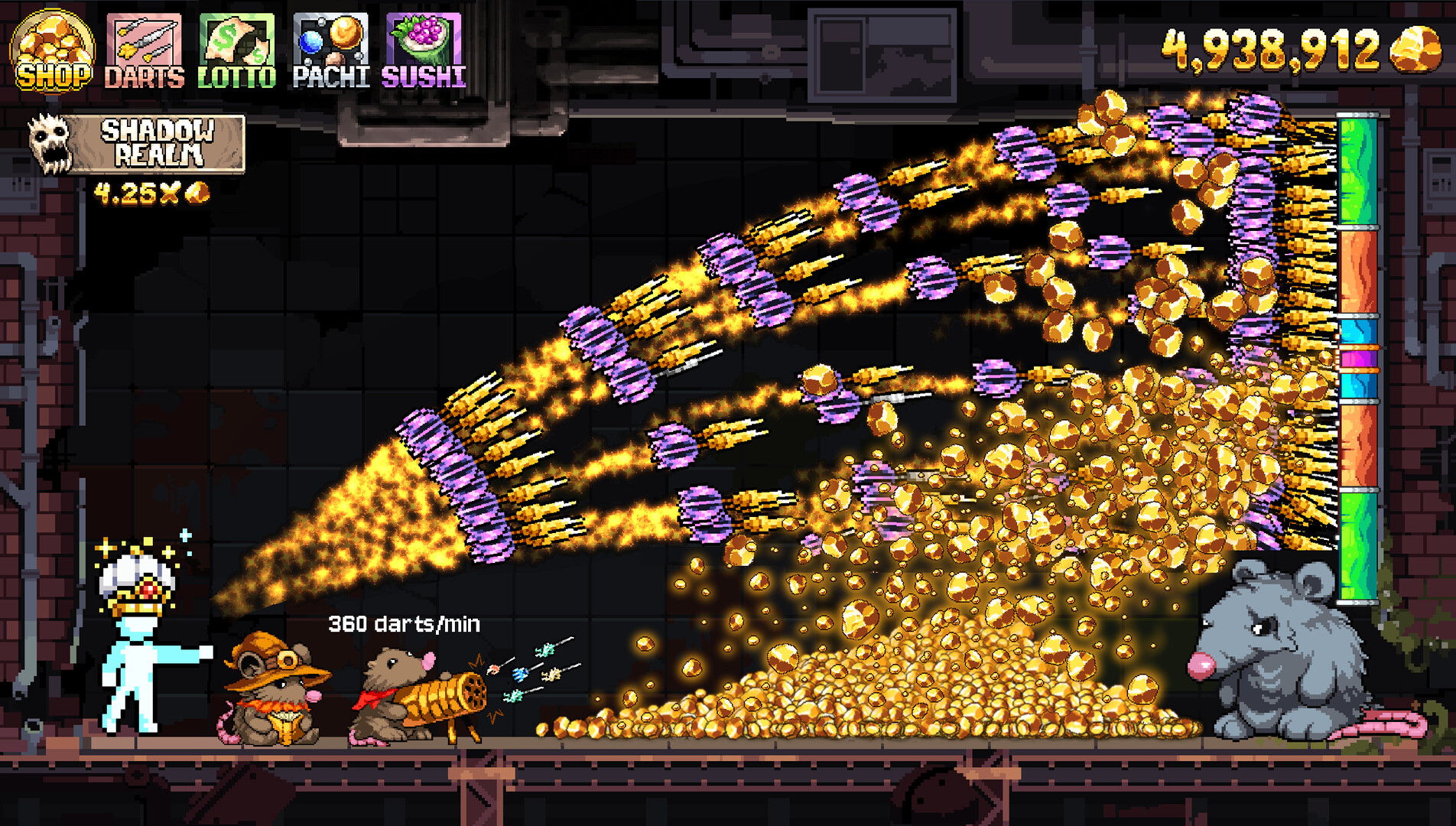 Fortune Mill gameplay showing a stream of golden pachinko balls and a coin counter at nearly 5 million