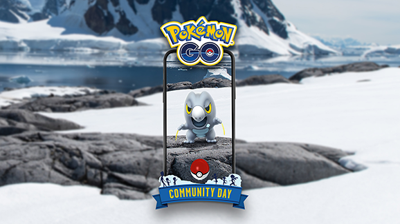 Official Pokemon GO Frigibax Community Day promo art with Frigibax in a snowy scene and the Community Day banner