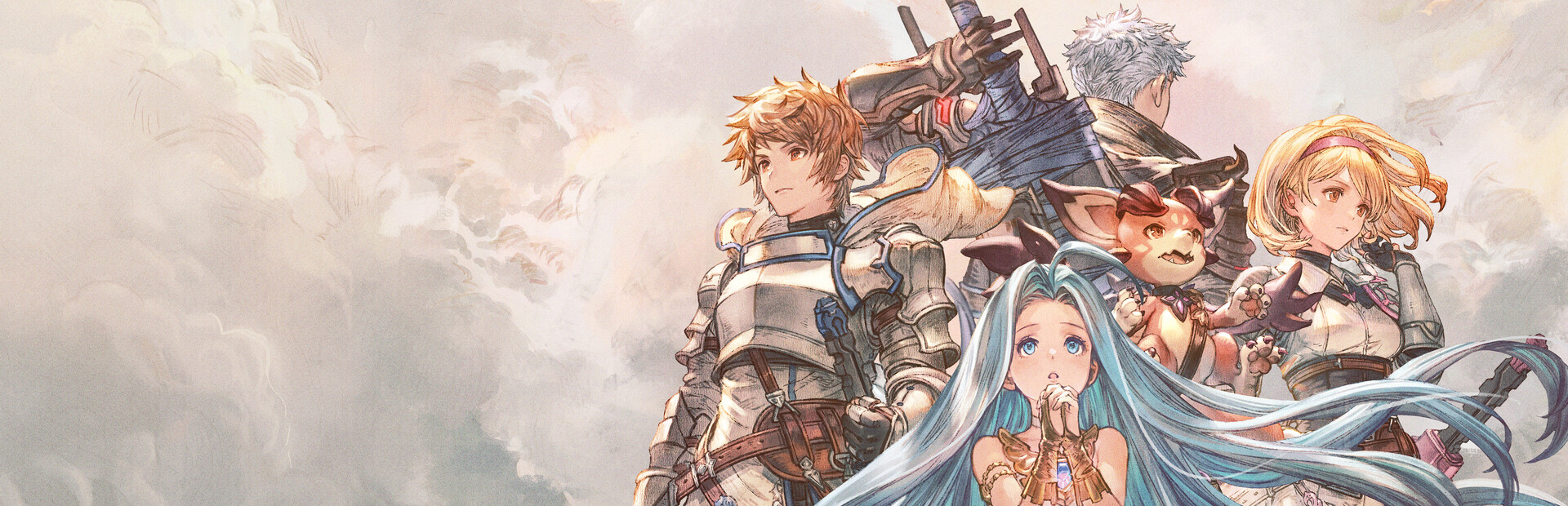 Granblue Fantasy: Relink official key art showing the crew Gran, Lyria, Vyrn, and party members against a cloudy sky