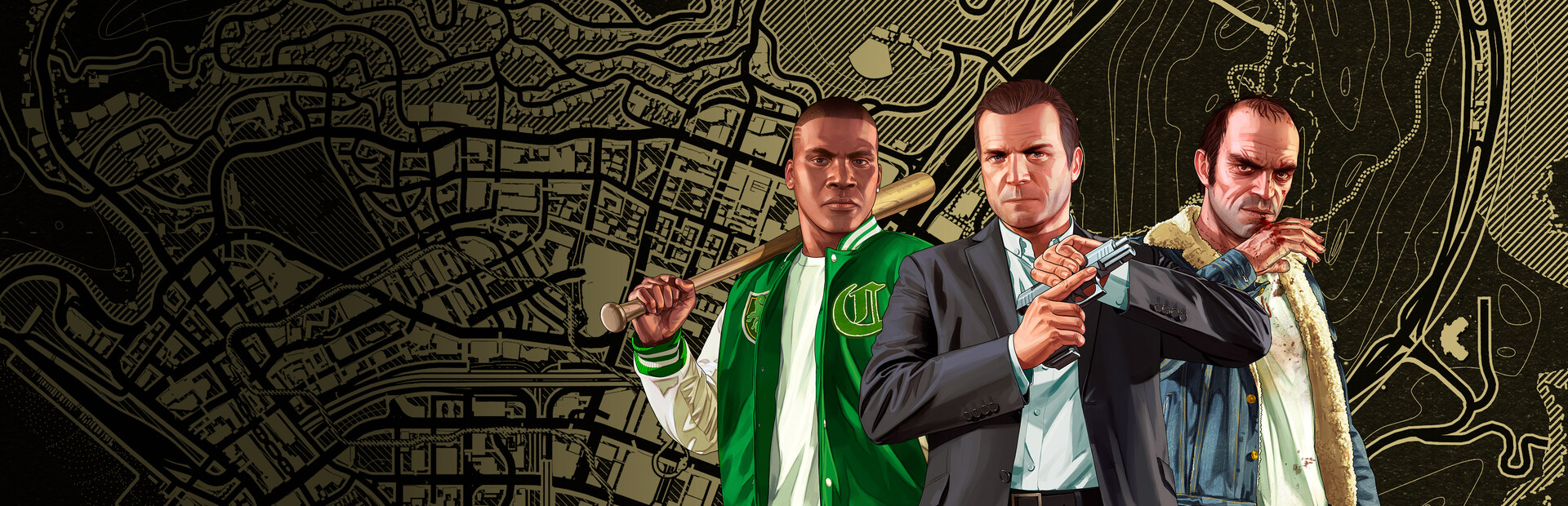 Grand Theft Auto V key art with Franklin, Michael, and Trevor over the Los Santos map