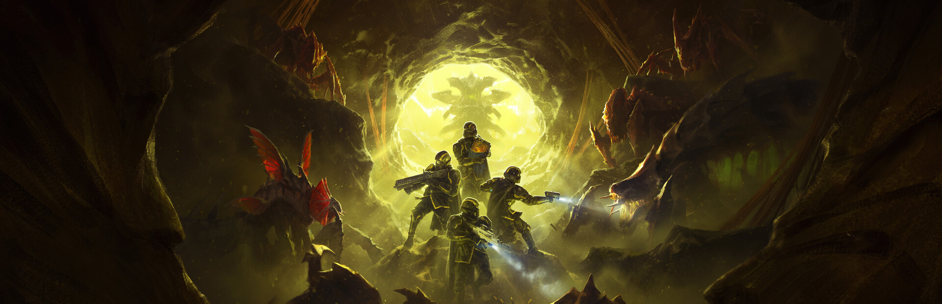 Helldivers 2 key art showing four Helldivers in a cave facing alien Terminid enemies