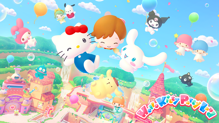Hello Kitty Party Land key art featuring Hello Kitty, Cinnamoroll, and Pompompurin floating in the sky