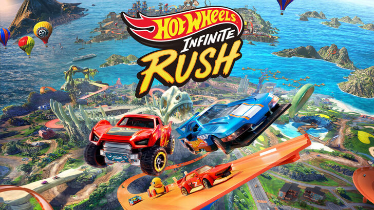 Hot Wheels Infinite Rush key art showing colorful race tracks and iconic die-cast vehicles