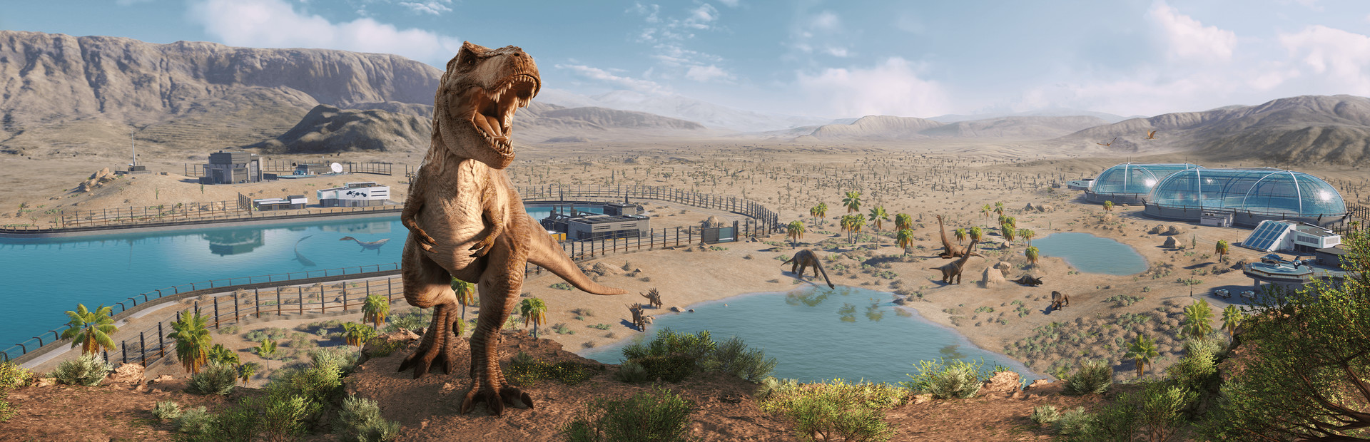 Jurassic World Evolution 2 key art showing a T. rex overlooking a dinosaur park enclosure