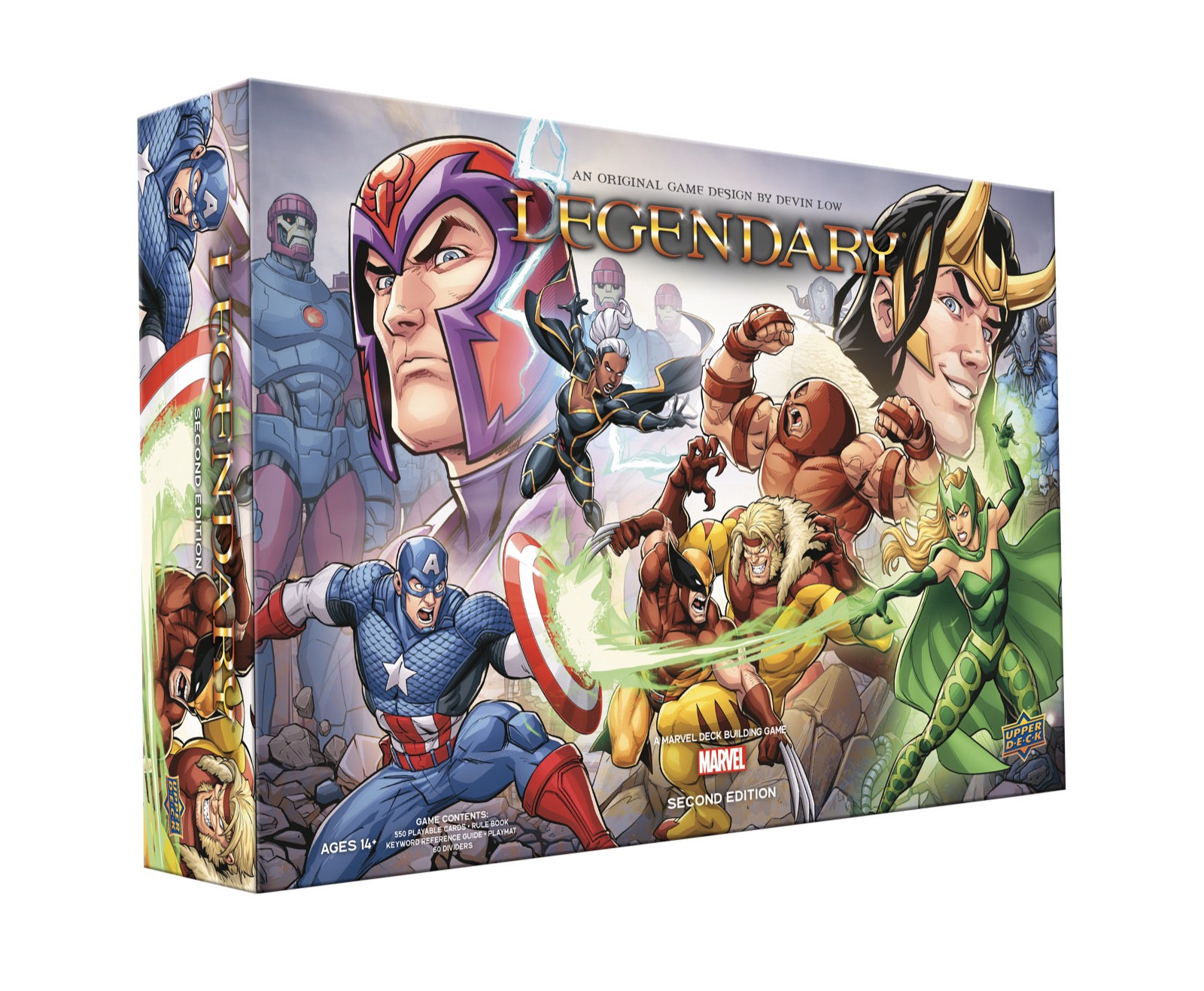 Legendary: A Marvel Deck Building Game Second Edition box art with Captain America, Loki, Magneto, and other Marvel heroes