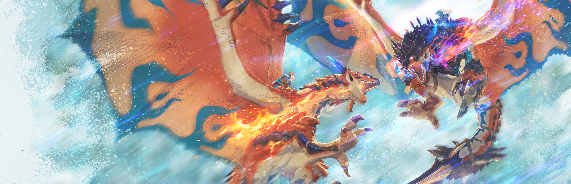 Two Riders clash in the sky atop a fiery Rathalos and a dark armored Rathalos in Monster Hunter Stories 3: Twisted Reflection key art