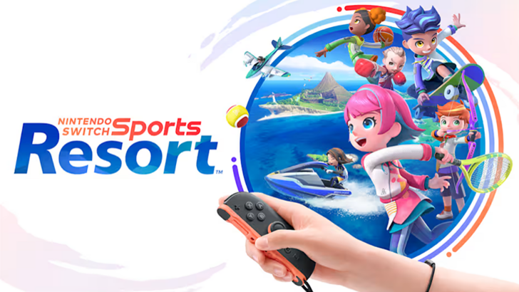 Nintendo Switch Sports Resort key art featuring colorful characters competing at Wuhu Island