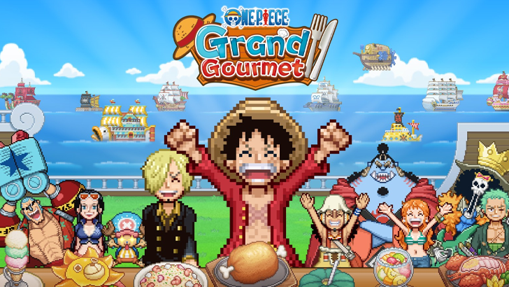 ONE PIECE: Grand Gourmet key art showing Luffy and the Straw Hat crew celebrating on the ocean