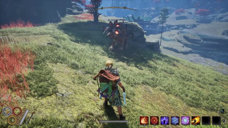 Outward 2 key art showing an adventurer in a vast fantasy wilderness