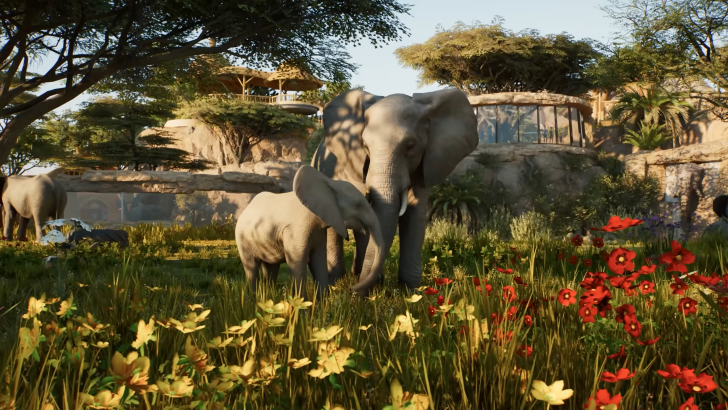 Planet Zoo 2 key art featuring elephants and zoo animals at a wildlife reserve