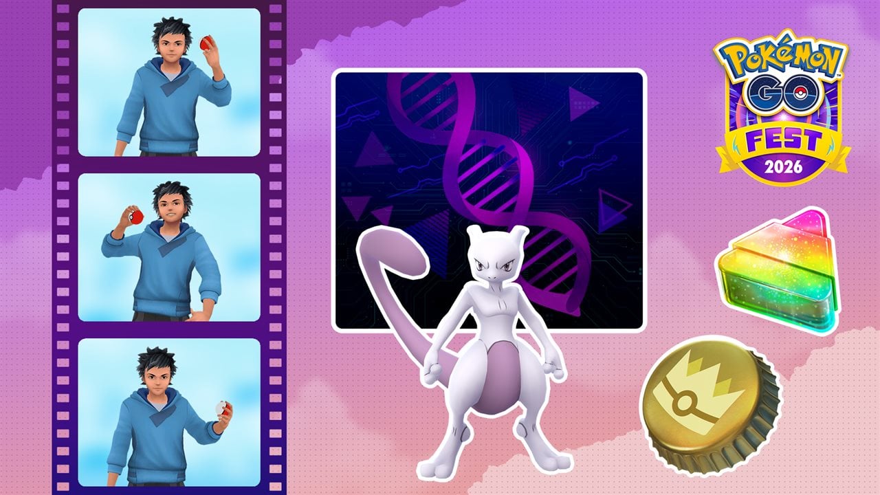 Pokemon GO Road of Legends key art featuring Mewtwo and the GO Fest 2026 logo