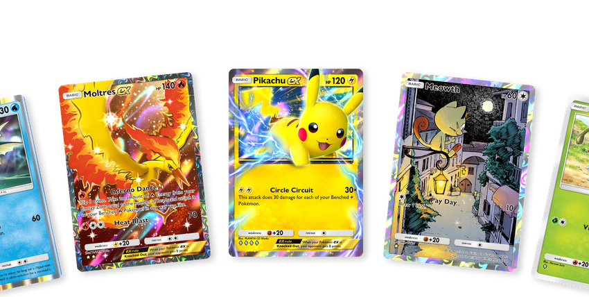 Pokemon TCG Pocket digital cards including Pikachu ex and Charizard spread out