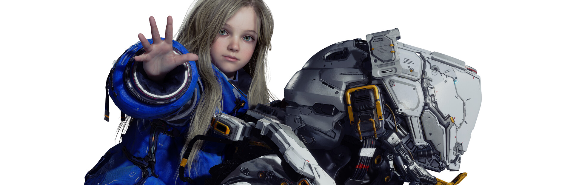 Pragmata key art showing spacefarer Hugh and the android girl Diana