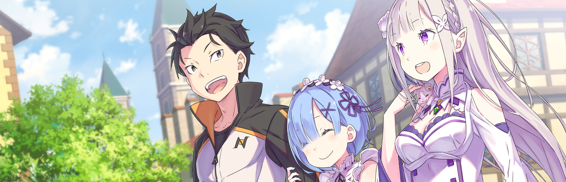Re:Zero - The Prophecy of the Throne key art with Subaru, Rem, and Emilia