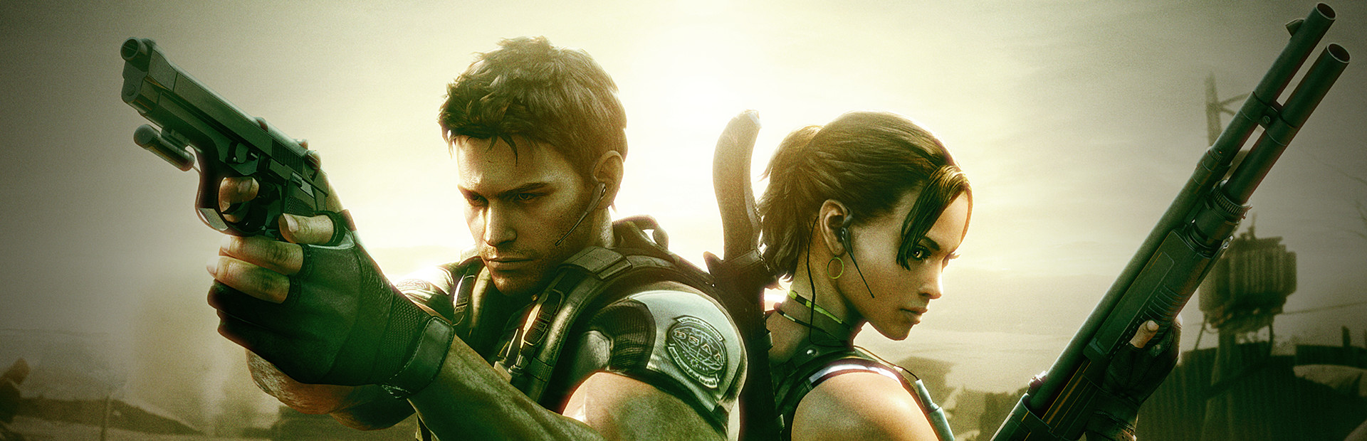 Resident Evil 5 key art showing Chris Redfield and Sheva Alomar standing back to back with weapons drawn