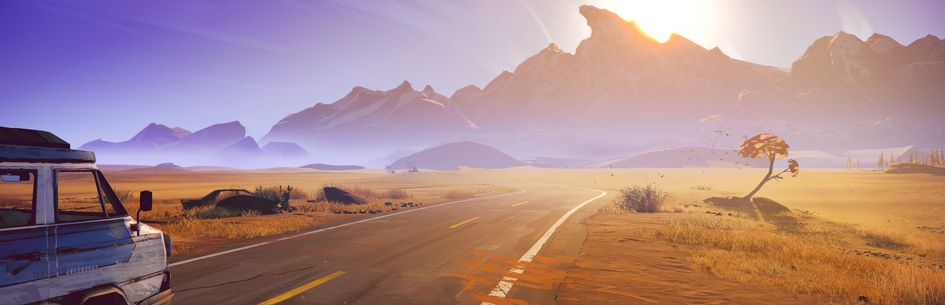 Road 96 key art showing a wide highway scene in warm evening light