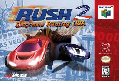 Rush 2: Extreme Racing USA Nintendo 64 box art with two cars racing past US landmarks