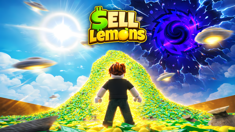 Sell Lemons official Roblox key art showing the logo, a character on a giant pile of cash and lemons, and a UFO overhead