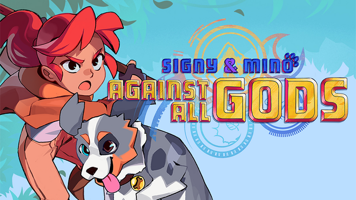 Signy & Mino: Against All Gods key art featuring the two warriors against a mythological backdrop of warring gods