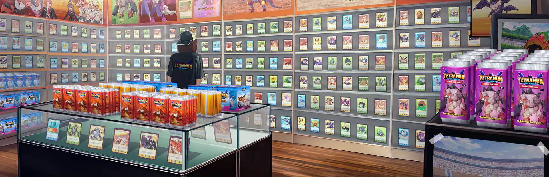 TCG Card Shop Simulator key art showing a trading card store counter stacked with booster packs and display cases