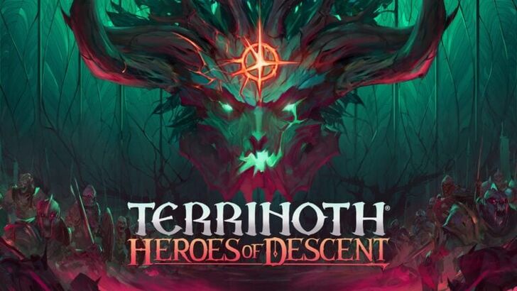Terrinoth: Heroes of Descent key art showing heroes in a dungeon fantasy setting