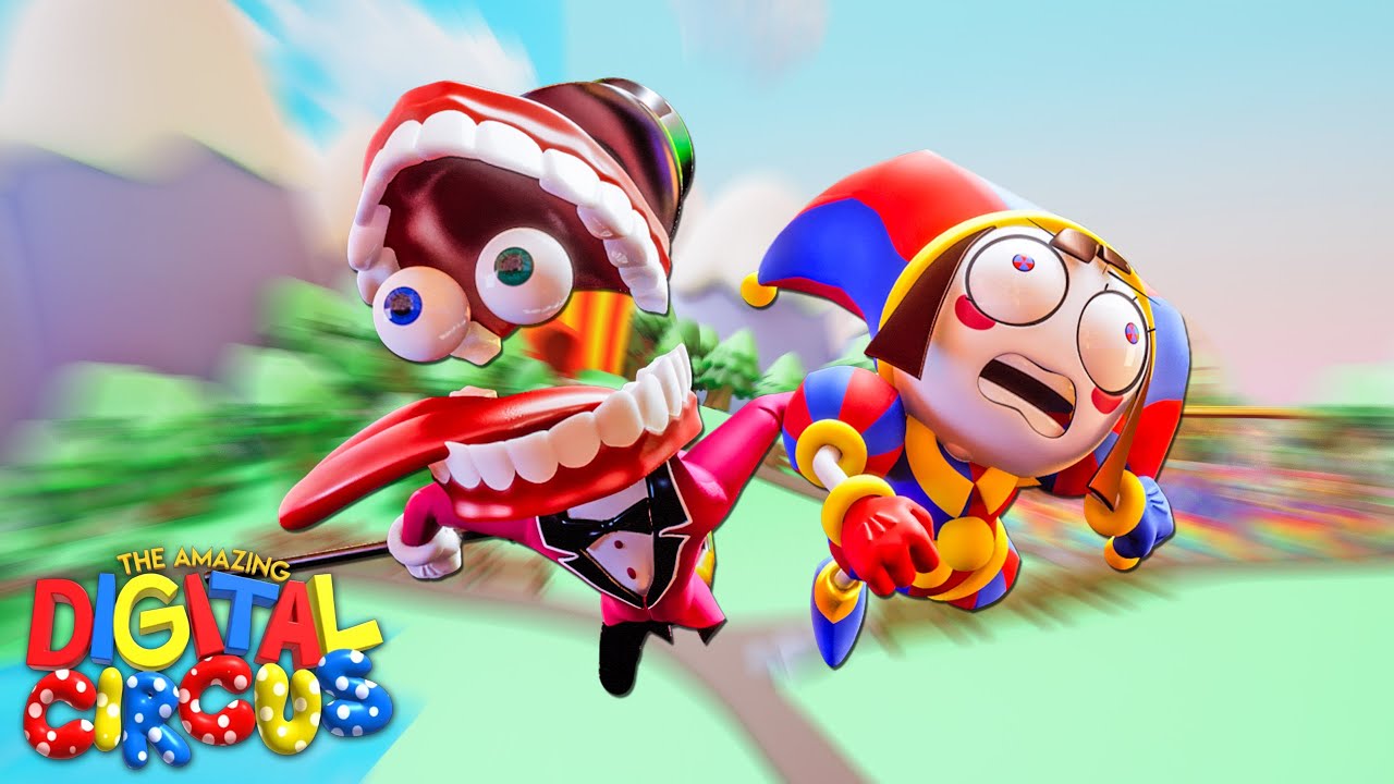 The Amazing Digital Circus pilot key art showing Caine and Pomni running through the circus