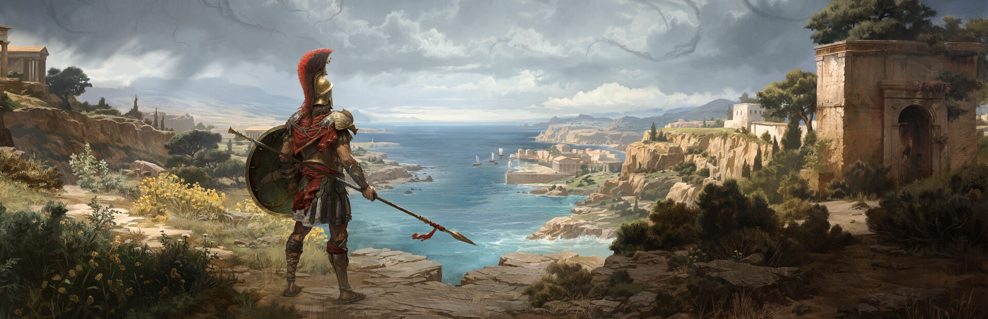 Titan Quest II key art showing a Greek hoplite overlooking a Mediterranean coastline