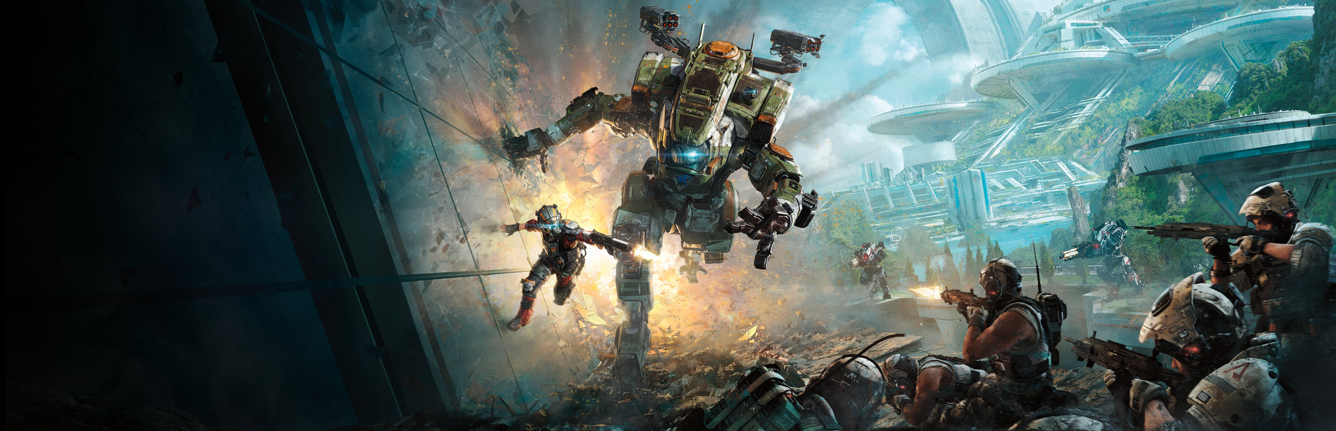 Titanfall 2 key art showing a pilot and a Titan mech fighting through a battlefield