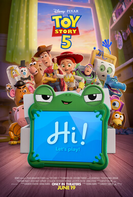 Toy Story 5 theatrical poster with Woody, Buzz, Jessie and the new tablet character Lily saying Hi, Let's Play