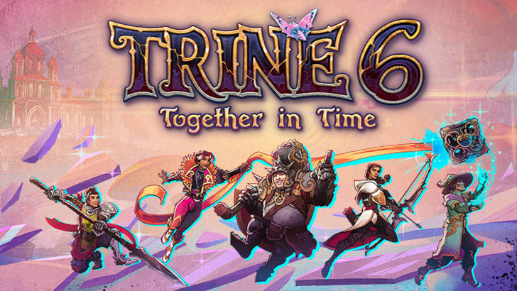 Trine 6: Together in Time key art featuring Moira and Adrius in a magical fantasy setting