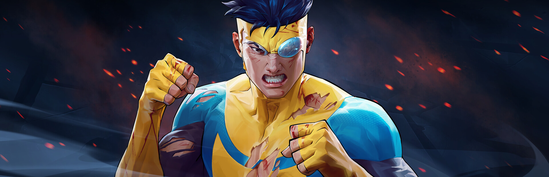 Invincible VS key art showing Mark Grayson in his yellow and blue suit, the game Universa is joining