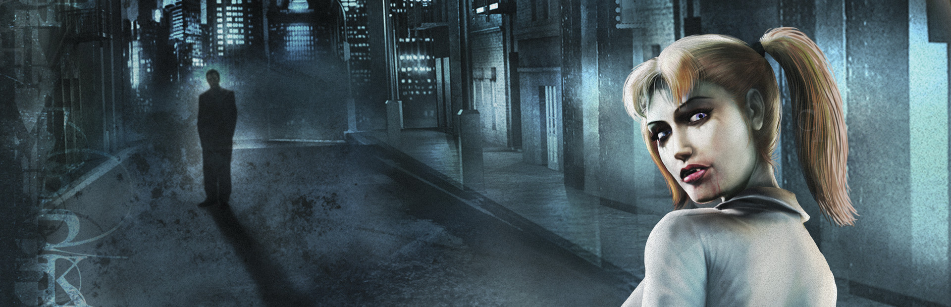 Vampire: The Masquerade - Bloodlines key art showing a pigtailed vampire and a shadowy figure in a neon city alley