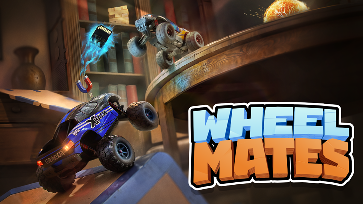 WheelMates key art featuring tiny RC cars navigating oversized everyday objects in a scientist's laboratory