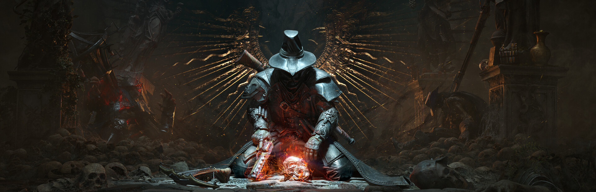Witchfire key art showing a hooded preyer kneeling over a glowing skull amid ruins and bones